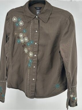 Women’s Large Vintage Y2K Coupe Floral‎ Embroidered Brown Button-Down Shirt
